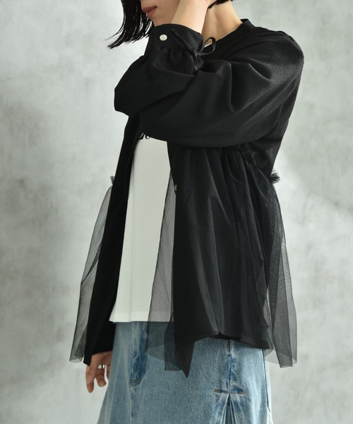 INTERPLANET（インタープラネット）の「バンドカラー長袖袖口リボンチュール重ねブラウス（シャツ/ブラウス・レディース・ブラック/オフホワイト・FREE）」の9枚目の写真