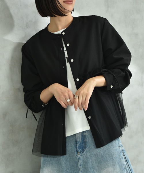 INTERPLANET（インタープラネット）の「バンドカラー長袖袖口リボンチュール重ねブラウス（シャツ/ブラウス・レディース・ブラック/オフホワイト・FREE）」の10枚目の写真