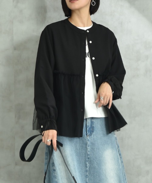 INTERPLANET（インタープラネット）の「バンドカラー長袖袖口リボンチュール重ねブラウス（シャツ/ブラウス・レディース・ブラック/オフホワイト・FREE）」の6枚目の写真
