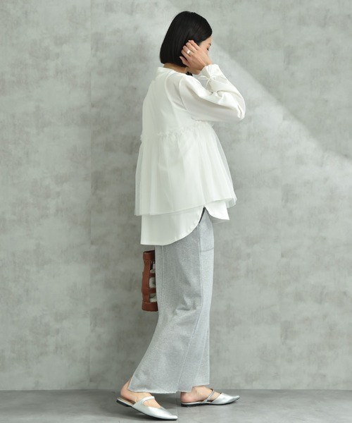 INTERPLANET（インタープラネット）の「バンドカラー長袖袖口リボンチュール重ねブラウス（シャツ/ブラウス・レディース・ブラック/オフホワイト・FREE）」の21枚目の写真