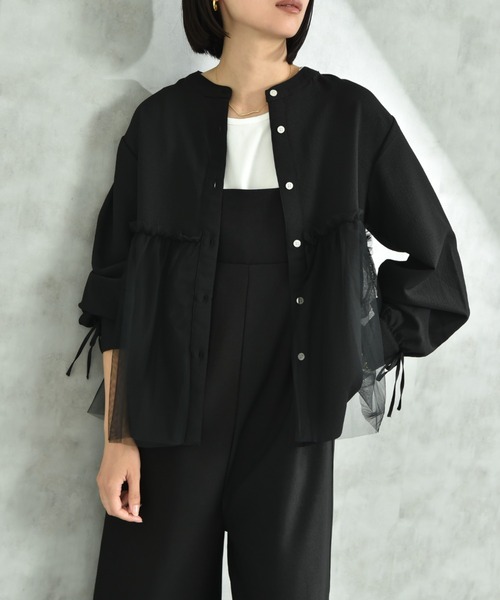 INTERPLANET（インタープラネット）の「バンドカラー長袖袖口リボンチュール重ねブラウス（シャツ/ブラウス・レディース・ブラック/オフホワイト・FREE）」の14枚目の写真