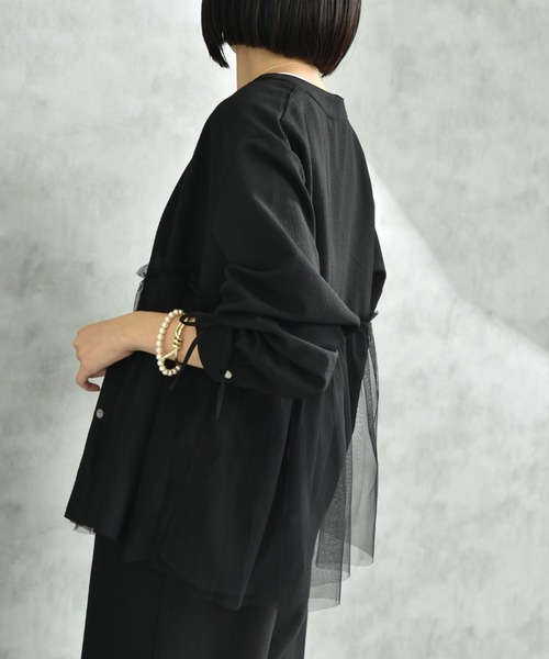 INTERPLANET（インタープラネット）の「バンドカラー長袖袖口リボンチュール重ねブラウス（シャツ/ブラウス・レディース・ブラック/オフホワイト・FREE）」の15枚目の写真