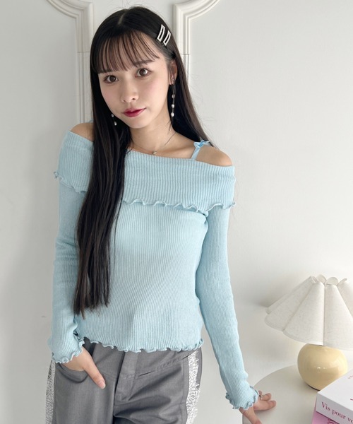 エムミーエメ　サイドリボンビジューオフショルダーシアートップス　白 シアージャガードスタッズオフショルトップス(F OFF WHITE): TOPS