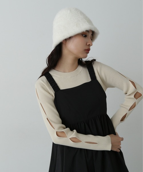 N.（N. Natural Beauty Basic）（エヌエヌナチュラルビューティーベーシック）の「◆スリーブデザインリブニット（ニット/セーター・レディース・ライトグリーン/オフホワイト/チャコールグレー・MEDIUM）」の2枚目の写真