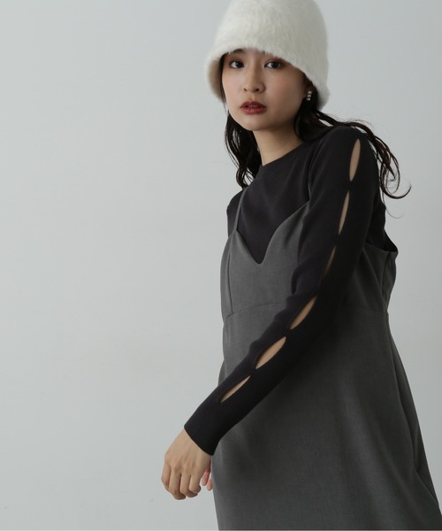 N.（N. Natural Beauty Basic）（エヌエヌナチュラルビューティーベーシック）の「◆スリーブデザインリブニット（ニット/セーター・レディース・ライトグリーン/オフホワイト/チャコールグレー・MEDIUM）」の3枚目の写真