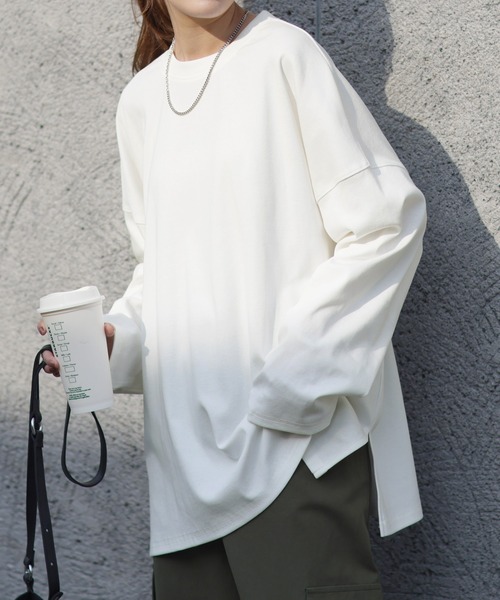 HUG.U(ハグユー)の「ロンT「究極ルーズ」(Tシャツ/カットソー・レディース・ベージュ/ダークグレー/ホワイト/ピンク/グリーン/ライトオリーブ/ライトブルー/ブラック/グレー・FREE)」の2枚目の写真
