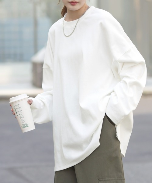 HUG.U(ハグユー)の「ロンT「究極ルーズ」(Tシャツ/カットソー・レディース・ベージュ/ダークグレー/ホワイト/ピンク/グリーン/ライトオリーブ/ライトブルー/ブラック/グレー・FREE)」の15枚目の写真