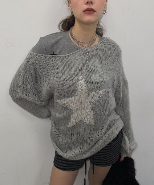 SHAGGIE(シャギー)の「スター柄シアールーズオフショルオーバーニット(ニット/セーター・レディース・ボルドー/ベージュ/グレー/ライトグレー/ピンク/イエロー・FREE)」の19枚目の写真