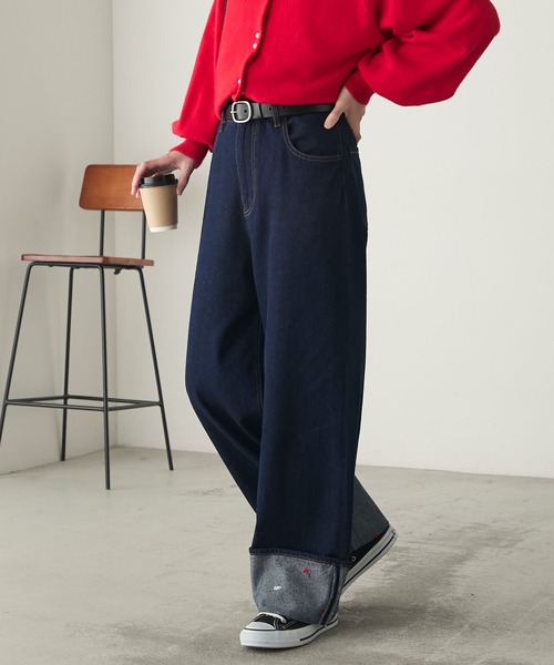 BONLECILL（ボンルシール）の「フラワー刺繍ロールアップハイウエストデニムパンツ（デニムパンツ・レディース・ネイビー/ブラック/ブルー・S/L/M）」の15枚目の写真