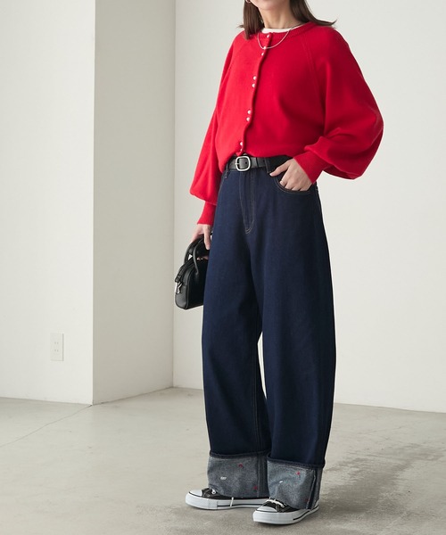 BONLECILL（ボンルシール）の「フラワー刺繍ロールアップハイウエストデニムパンツ（デニムパンツ・レディース・ネイビー/ブラック/ブルー・S/L/M）」の21枚目の写真