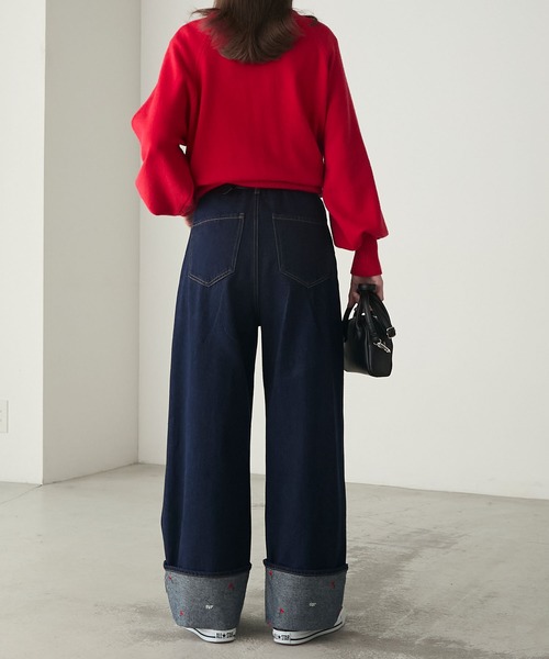 BONLECILL（ボンルシール）の「フラワー刺繍ロールアップハイウエストデニムパンツ（デニムパンツ・レディース・ネイビー/ブラック/ブルー・S/L/M）」の22枚目の写真