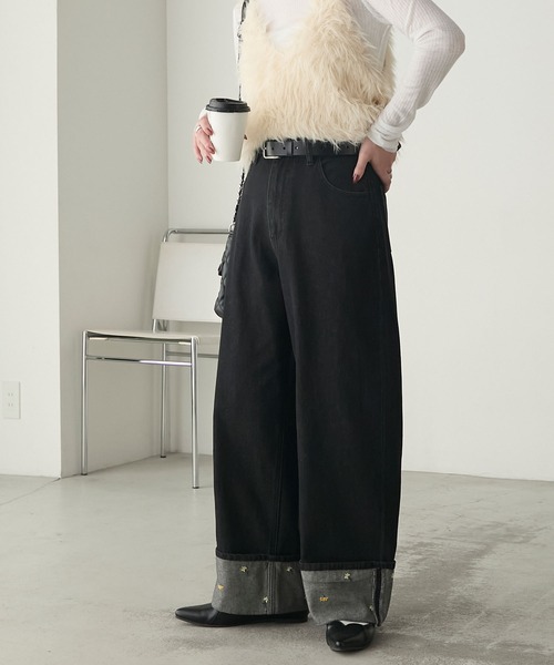 【ポニョさま専用】poppy ゴールドフラワーデニムパンツ Gold flower denim pants – POPPY