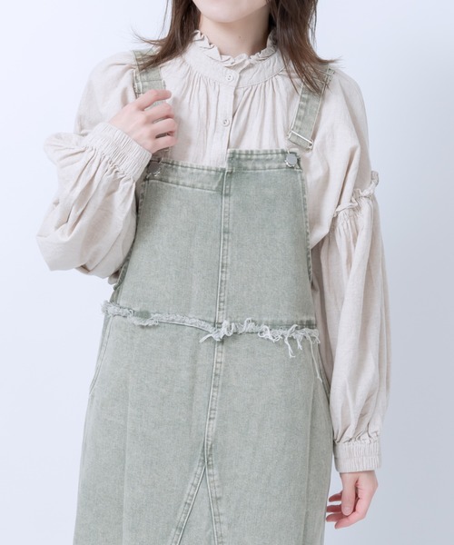 セール】フリンジ切替えデニムサロペットスカート / ほつれ加工 パッチ