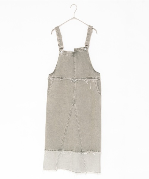 セール】フリンジ切替えデニムサロペットスカート / ほつれ加工 パッチ