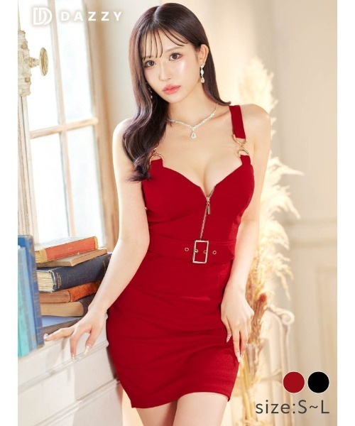 フロントジップ ベルトモチーフバックル ノースリーブ タイト ミニドレス（ドレス）｜DAZZY（デイジー）