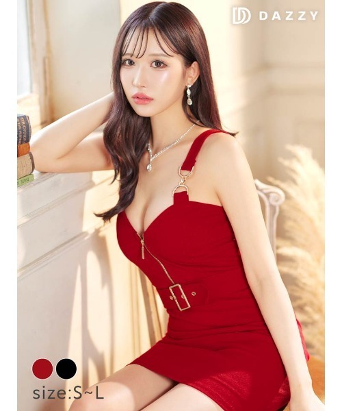 フロントジップ ベルトモチーフバックル ノースリーブ タイト ミニドレス（ドレス）｜DAZZY（デイジー）