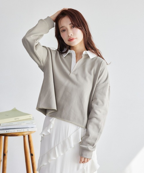 mysty woman(ミスティウーマン)の「ミニ裏毛ラガーシャツ 327833(ポロシャツ・レディース・アイボリー/ブラック/グレイッシュベージュ・FREE)」の8枚目の写真