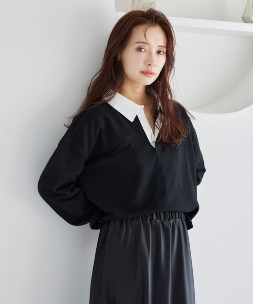 mysty woman(ミスティウーマン)の「ミニ裏毛ラガーシャツ 327833(ポロシャツ・レディース・アイボリー/ブラック/グレイッシュベージュ・FREE)」の10枚目の写真