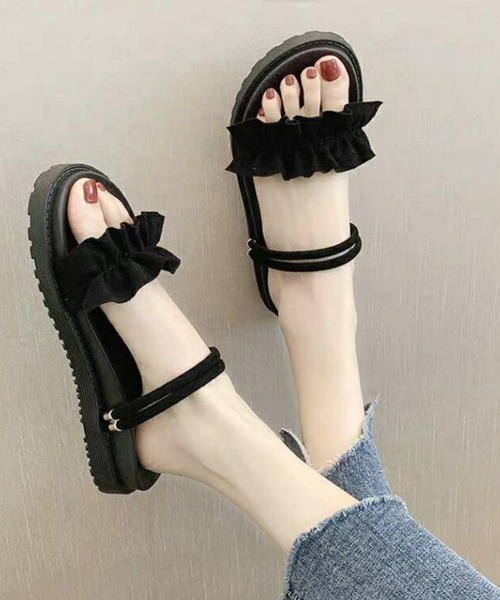 Miniministore(ミニミニストア)の「2WAY厚底サンダル フリルサンダル美脚(サンダル・レディース・ベージュ/ブラック・24.5cm/24.0cm/23.5cm/23.0cm/22.5cm)」の1枚目の写真