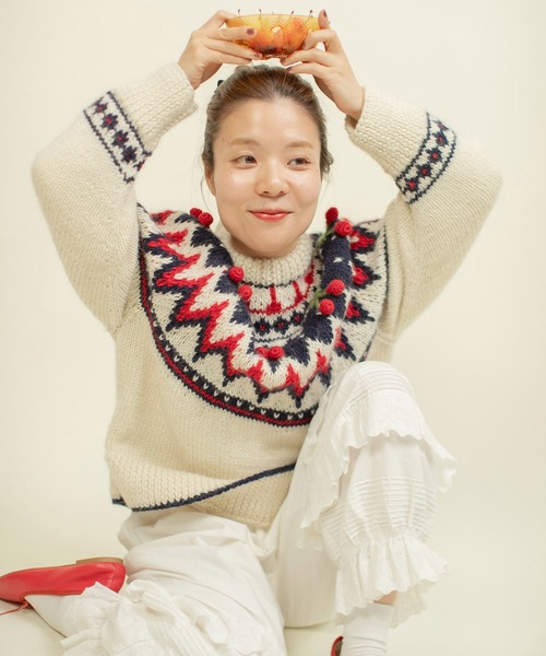 CHILD WOMAN（チャイルドウーマン）の「ネパールハンドニット 求心さくらんぼ刺繍カーディガン（カーディガン/ボレロ・レディース・ブラック/アイボリー・FREE）」の14枚目の写真