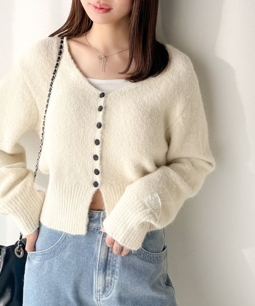 mily bilet（ミウィビレット）の「【mily bilet】愛らしさ100％。レースネーム付きくるみボタンミックスニットカーディガン（長袖）（カーディガン/ボレロ・レディース・チャコールグレー/レッド/アイボリー/ベージュ・X-LARGE/SMALL/MEDIUM/LARGE）」の12枚目の写真