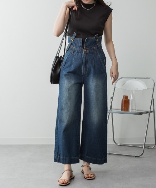 RCD（アールシーディー）の「デニムハイウェストサスペンダーワイドパンツ（デニムパンツ・レディース・ネイビー/ブラック系その他2/ワンウォッシュ・M/L/LL/3L/4L）」の2枚目の写真