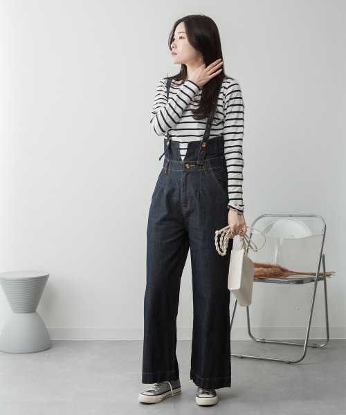 RCD（アールシーディー）の「デニムハイウェストサスペンダーワイドパンツ（デニムパンツ・レディース・ネイビー/ブラック系その他2/ワンウォッシュ・M/L/LL/3L/4L）」の7枚目の写真