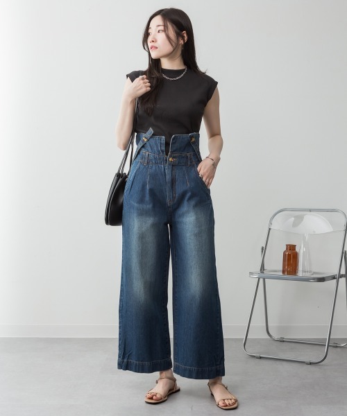 RCD（アールシーディー）の「デニムハイウェストサスペンダーワイドパンツ（デニムパンツ・レディース・ネイビー/ブラック系その他2/ワンウォッシュ・M/L/LL/3L/4L）」の21枚目の写真