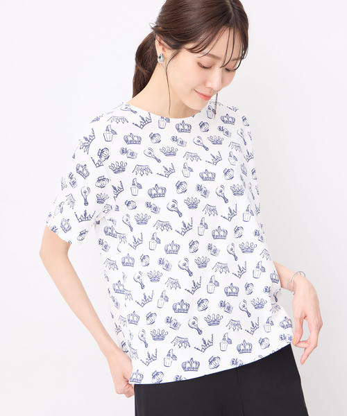 Petit Honfleur(プチオンフルール)の「【接触冷感・UVカット】オーガニックコットンモチーフプリントTシャツ(Tシャツ/カットソー・レディース・グレー/サックスブルー/ホワイト・L/M)」の1枚目の写真