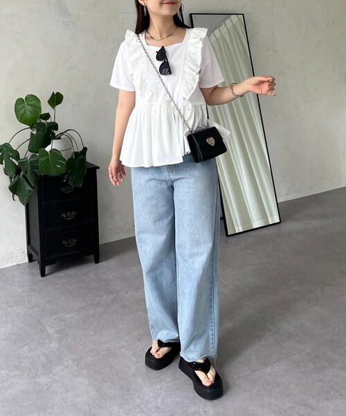 アシメフリルＴシャツ 華奢見え・接触冷感】アシメフリルTシャツ(M ブラック