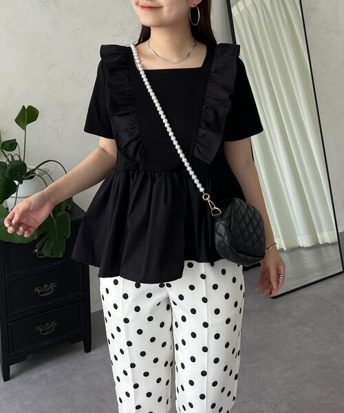 アシメフリルＴシャツ 華奢見え・接触冷感】アシメフリルTシャツ(M ブラック