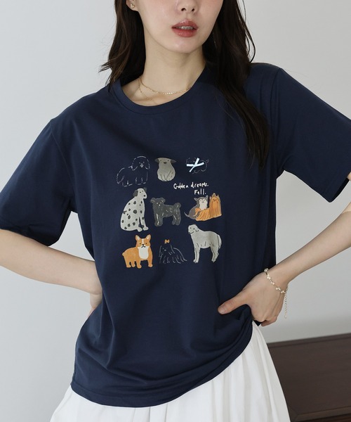 BLUEEAST(ブルーイースト)の「リボンDOGS半袖Tシャツ(Tシャツ/カットソー・レディース・ホワイト/ネイビー・MEDIUM)」の1枚目の写真