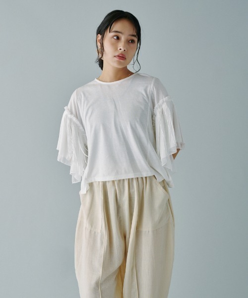 terrace（テラス）の「フリンジバリアスパターンスリーブプルオーバー（Tシャツ/カットソー・レディース・ブラック/オフホワイト/カーキ・MEDIUM）」の10枚目の写真