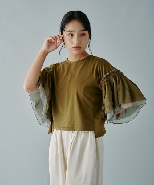 terrace（テラス）の「フリンジバリアスパターンスリーブプルオーバー（Tシャツ/カットソー・レディース・ブラック/オフホワイト/カーキ・MEDIUM）」の13枚目の写真