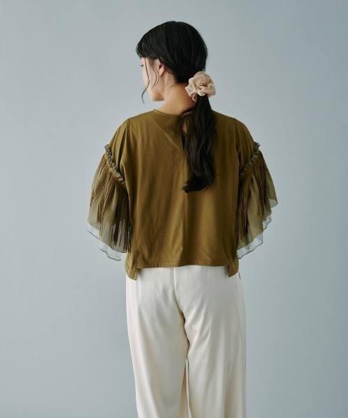 terrace（テラス）の「フリンジバリアスパターンスリーブプルオーバー（Tシャツ/カットソー・レディース・ブラック/オフホワイト/カーキ・MEDIUM）」の4枚目の写真