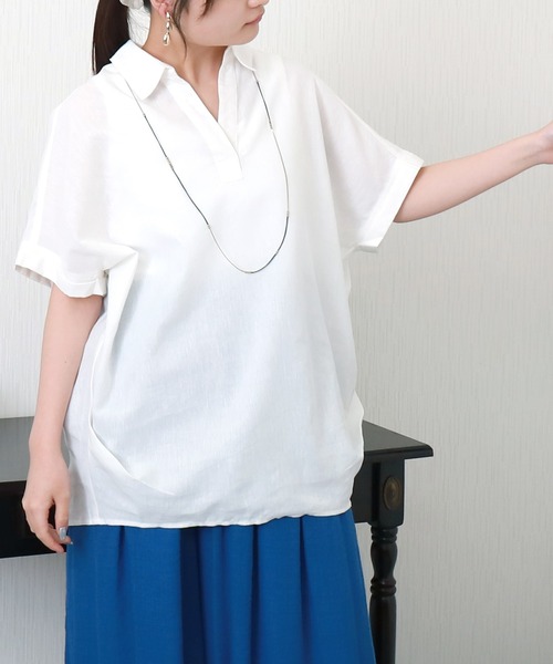 libelle more（リベル モア）の「【抗菌・UVカット・吸水速乾】「やわさらリネン」スキッパーシャツ（シャツ/ブラウス・レディース・グリーン/モカ/ピンク/ブラック/オフホワイト/ブルー・M）」の2枚目の写真