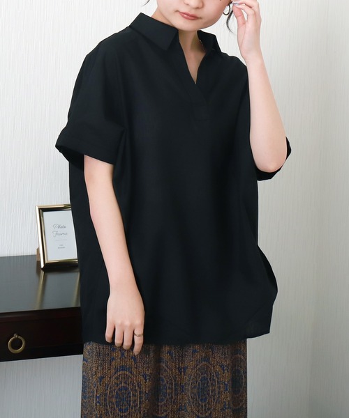 libelle more（リベル モア）の「【抗菌・UVカット・吸水速乾】「やわさらリネン」スキッパーシャツ（シャツ/ブラウス・レディース・グリーン/モカ/ピンク/ブラック/オフホワイト/ブルー・M）」の3枚目の写真