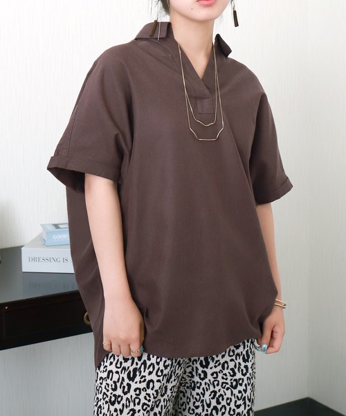 libelle more（リベル モア）の「【抗菌・UVカット・吸水速乾】「やわさらリネン」スキッパーシャツ（シャツ/ブラウス・レディース・グリーン/モカ/ピンク/ブラック/オフホワイト/ブルー・M）」の4枚目の写真