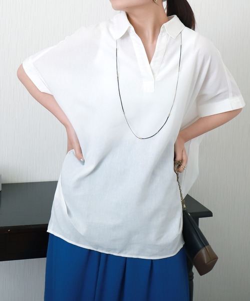 libelle more（リベル モア）の「【抗菌・UVカット・吸水速乾】「やわさらリネン」スキッパーシャツ（シャツ/ブラウス・レディース・グリーン/モカ/ピンク/ブラック/オフホワイト/ブルー・M）」の20枚目の写真