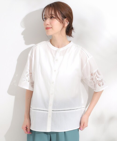 SHOO・LA・RUE（シューラルー）の「【S-LL/6分袖】レースデザインで華やか見え お袖刺繍ブラウス（シャツ/ブラウス・レディース・ホワイト/オレンジ/ブラック・01/02/03/04）」の4枚目の写真