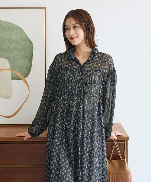 Green　Parks（グリーンパークス）の「花柄シフォン楊柳ワンピース（シャツワンピース・レディース・ネイビー/ブラウン/ブラック・FREE）」の17枚目の写真