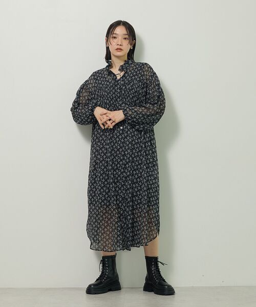 セール】花柄シフォン楊柳ワンピース（シャツワンピース