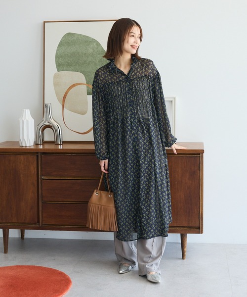 Green　Parks（グリーンパークス）の「花柄シフォン楊柳ワンピース（シャツワンピース・レディース・ネイビー/ブラウン/ブラック・FREE）」の3枚目の写真