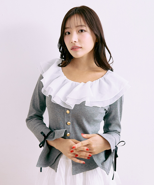 Mi-je(ミジェ)の「フリルオフショルプルオーバー【韓国ファッション】(スウェット・レディース・グレー/ブラック・F)」の4枚目の写真