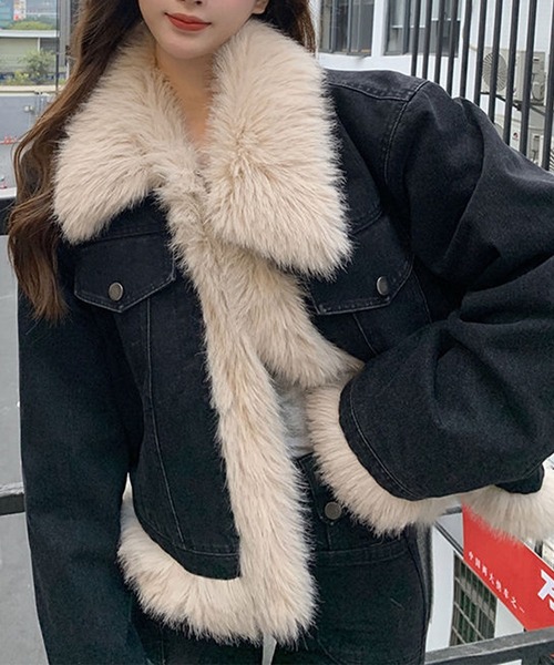 ファー切替ブラックデニムジャケット（デニムジャケット）｜GLAMOROUS