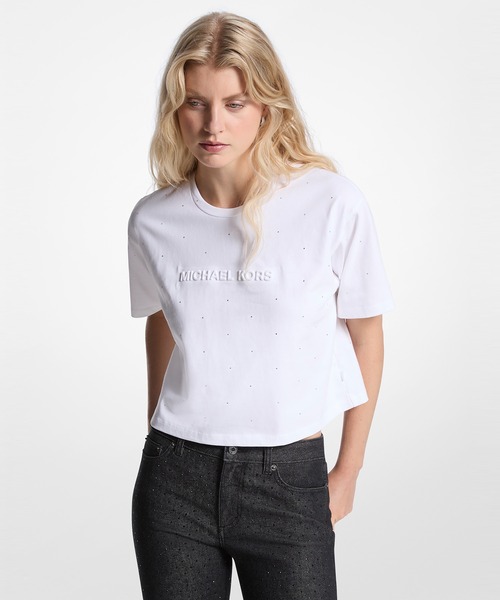 MICHAEL KORS(マイケルコース)の「オーバーサイズ MK ラインストーン クロップ Tシャツ(Tシャツ/カットソー・レディース・ホワイト・S/XS/XXS)」の1枚目の写真