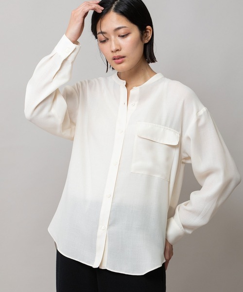 Munich（ミューニック）の「ウォッシャブルウールビエラバンドカラーシャツ（シャツ/ブラウス・レディース・ハウンドトゥース/チェック/アイボリー・FREE）」の2枚目の写真