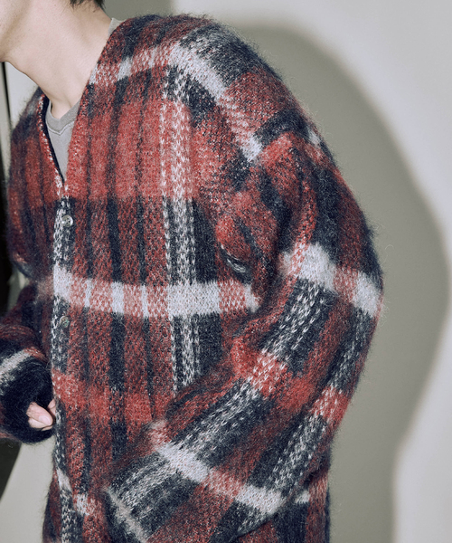 Stead / ステッド モヘヤ ミックス プレイド カーディガン