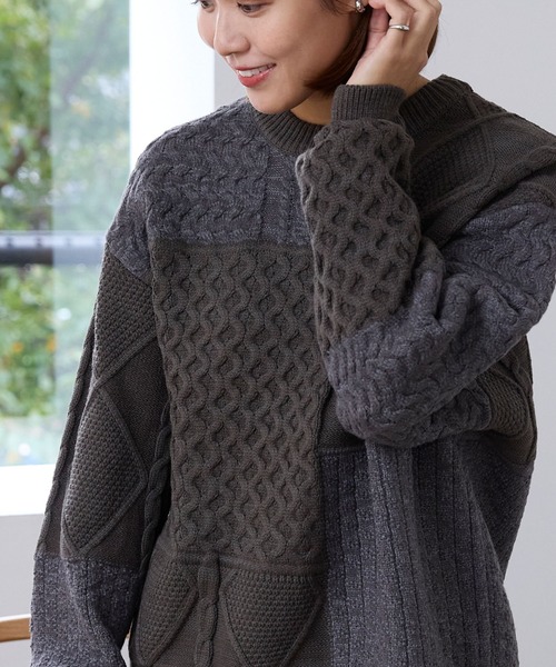THE CRAFT CREW PRODUCTS(ザクラフトクループロダクツ)の「〈静電気防止〉ウォッシャブル ケーブル パッチワーク オーバーサイズニットプルオーバー【THE CRAFT CREW PRODUCTS】(ニット/セーター・レディース・アイボリー/ネイビー/ダークグレー/レッド/グリーン/ブラウン・L/M)」の22枚目の写真