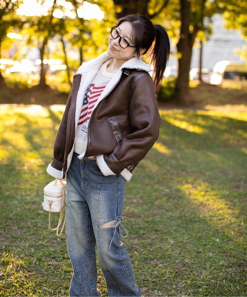 GORGE（ゴージ）の「《フェイクムートン×フライト》レディース ジャケット スタンドネック（ブルゾン・レディース・ブラウン/アイボリー/ブラック・F）」の10枚目の写真